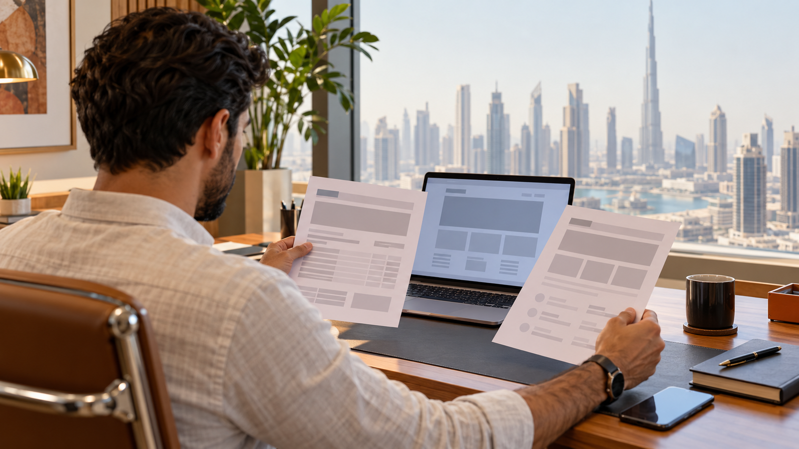 Business owner at a Dubai office desk comparing two printed website quotes beside a laptop showing a website wireframe, with the city skyline behind.