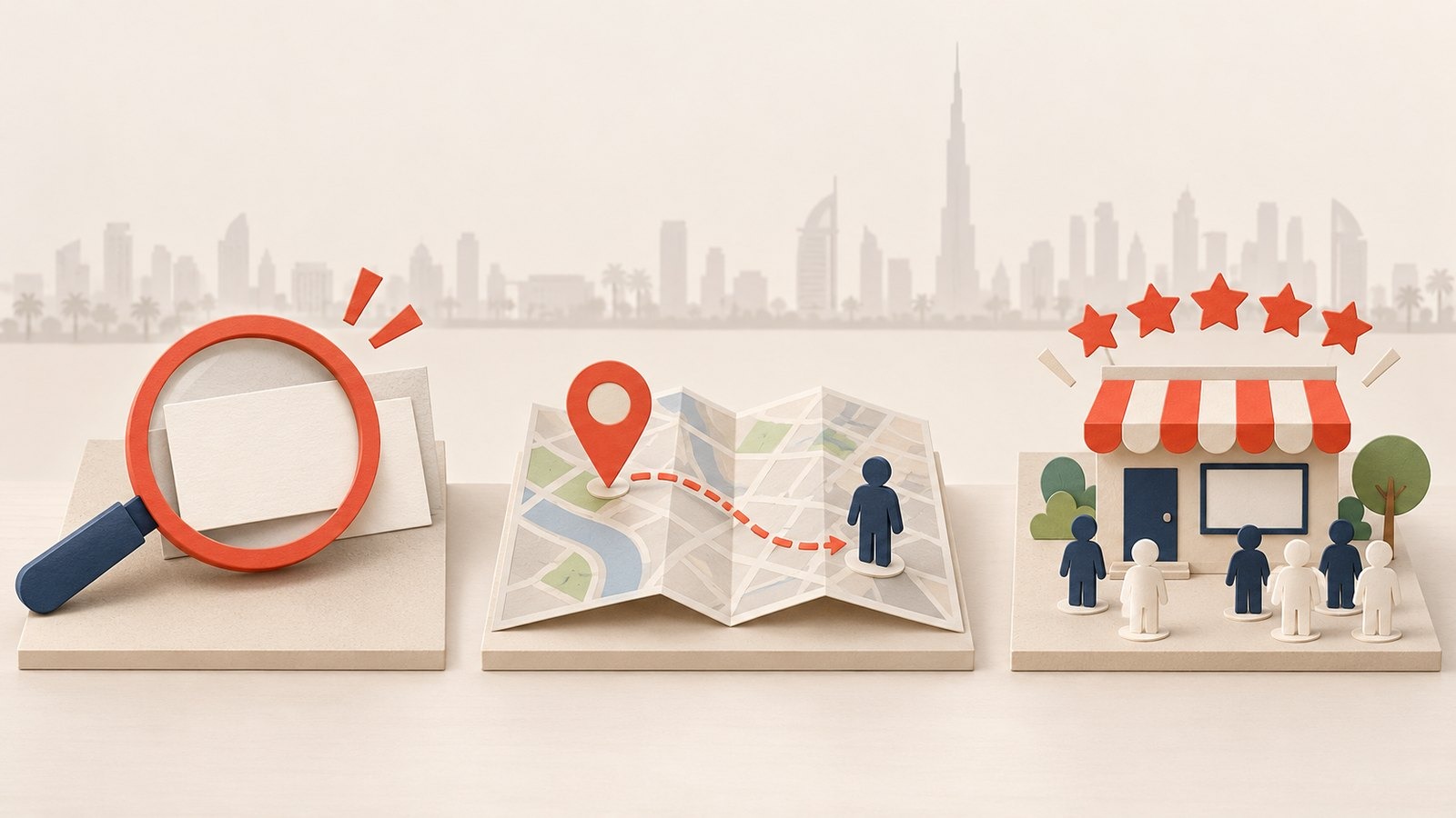 Paper-craft illustration of three panels in front of a Dubai skyline: a magnifying glass over a business card for relevance, a folded city map with a pin and a dotted path to a person for distance, and a storefront with five stars and a small crowd for prominence.