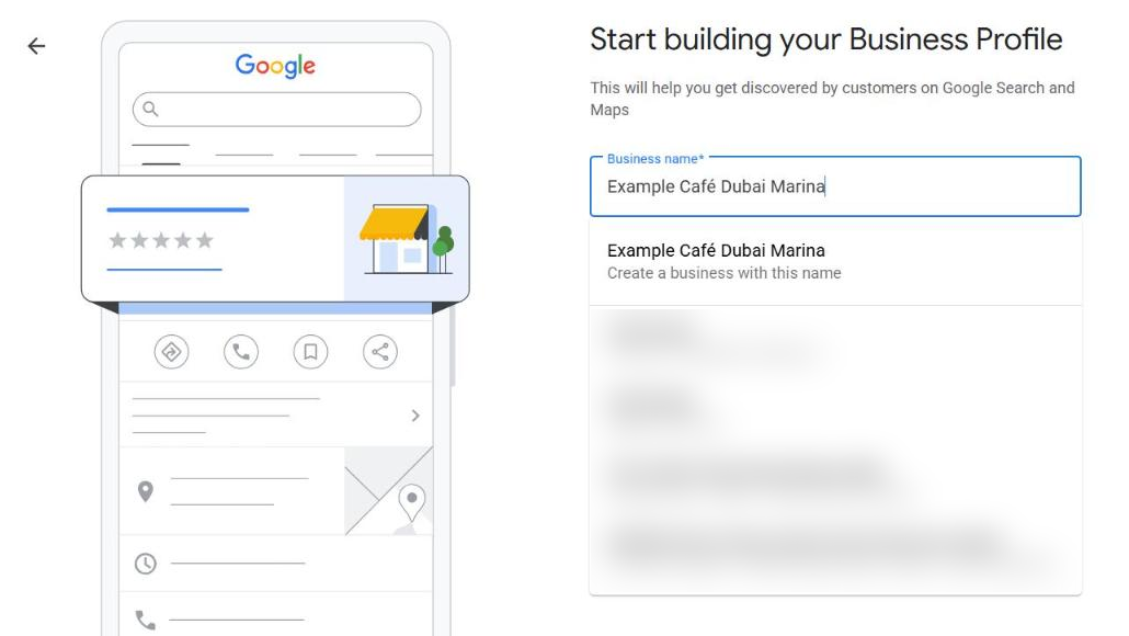 Google Business Profile setup screen with the business name field filled in as Example Café Dubai Marina and a dropdown offering to create a business with this name