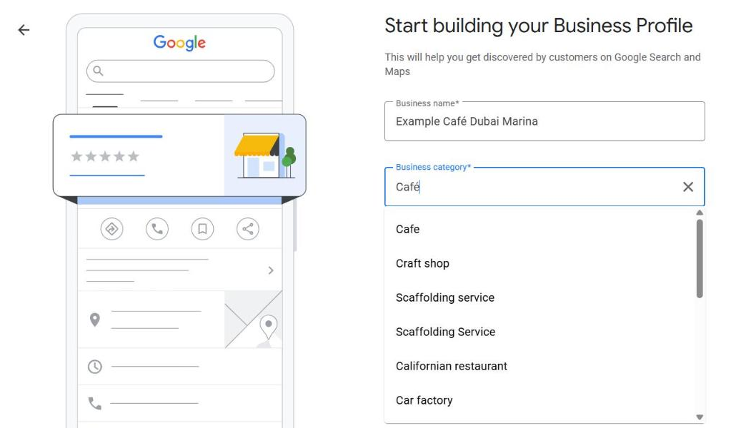 Business category field with Café typed and a list of suggested categories, with Cafe as the first option