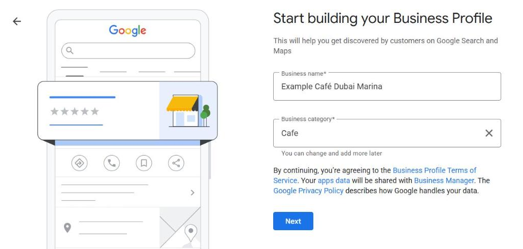 Completed first step of Google Business Profile setup showing the example business name, the Cafe category and the Next button