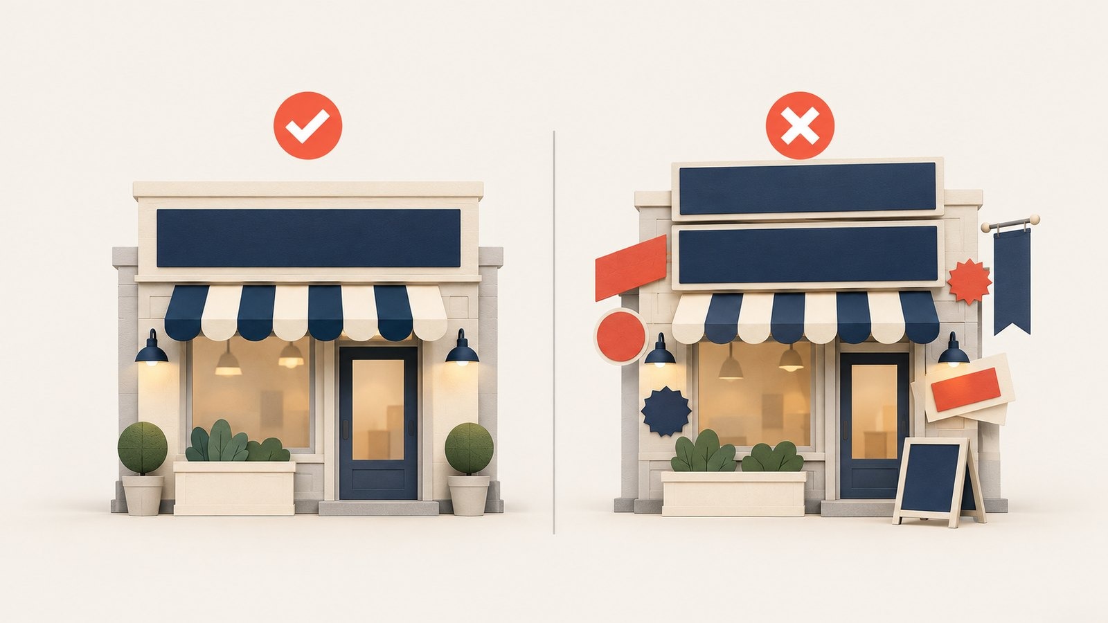 Two paper-craft storefronts side by side: the left has one clean sign and a coral tick, the right has two duplicate stacked signs and cluttered banners with a coral cross.