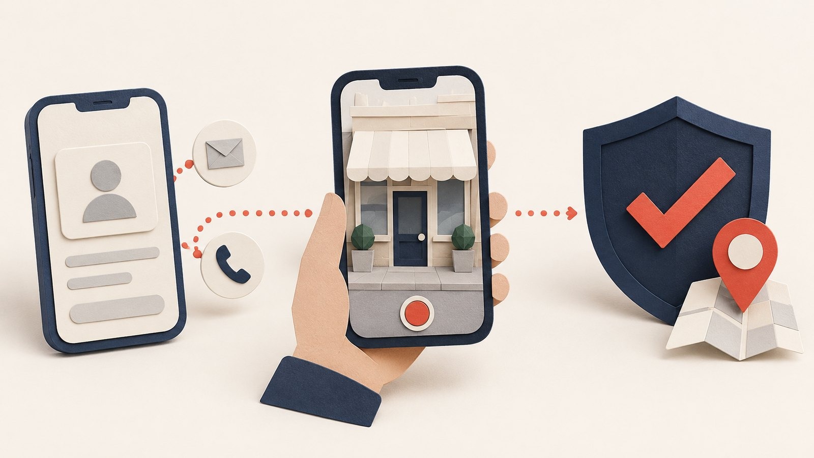 Paper-craft illustration of a phone showing a blank business listing with email and phone call icons beside it, a hand recording a video of a small shopfront, and a navy shield with a coral tick and a map pin, linked by dotted lines.
