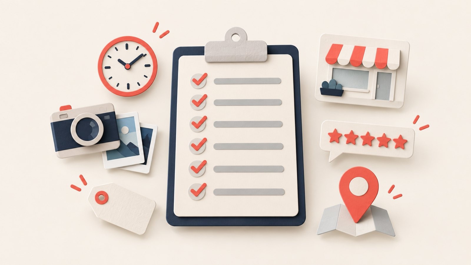 Paper-craft clipboard with six ticked checklist rows, surrounded by a clock, a camera with photo prints, a tag, a storefront card, a speech bubble with stars and a coral map pin.